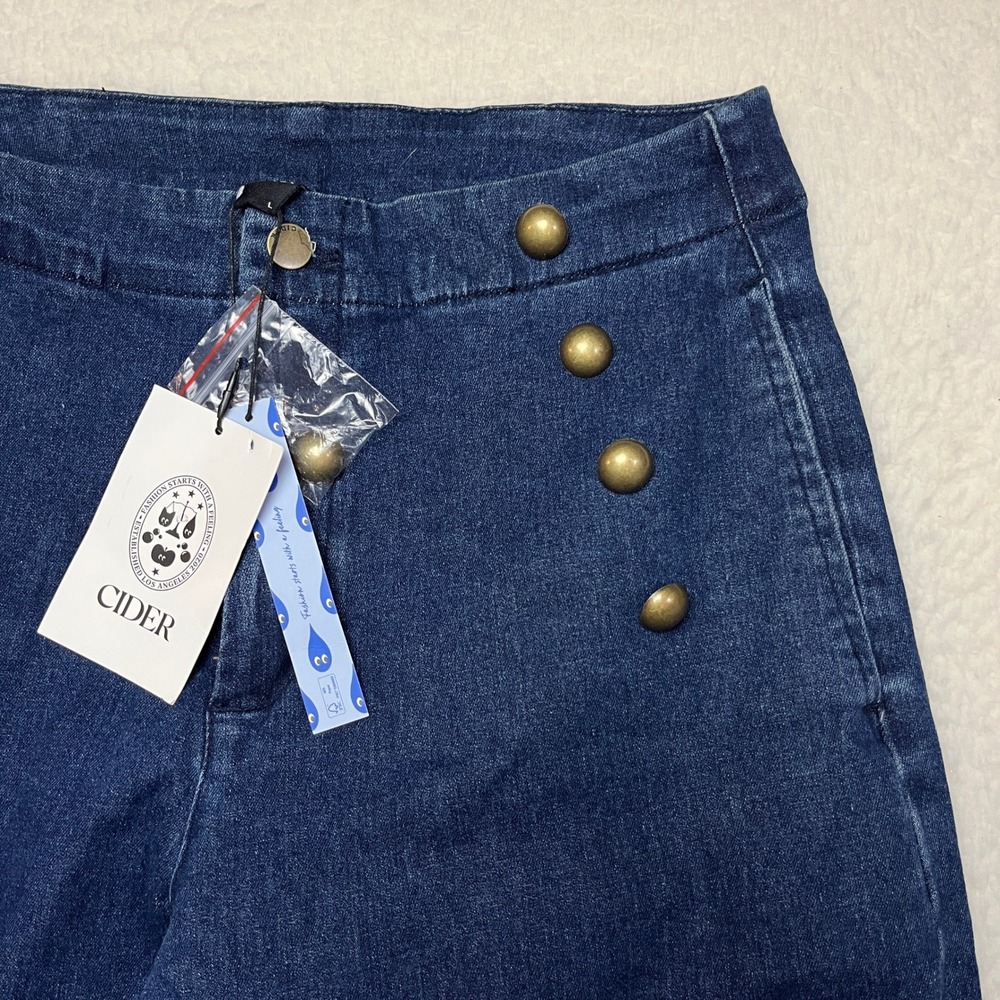 Cider Jeans Women L Blue Wide Leg Sailor High Waist Button Front Denim